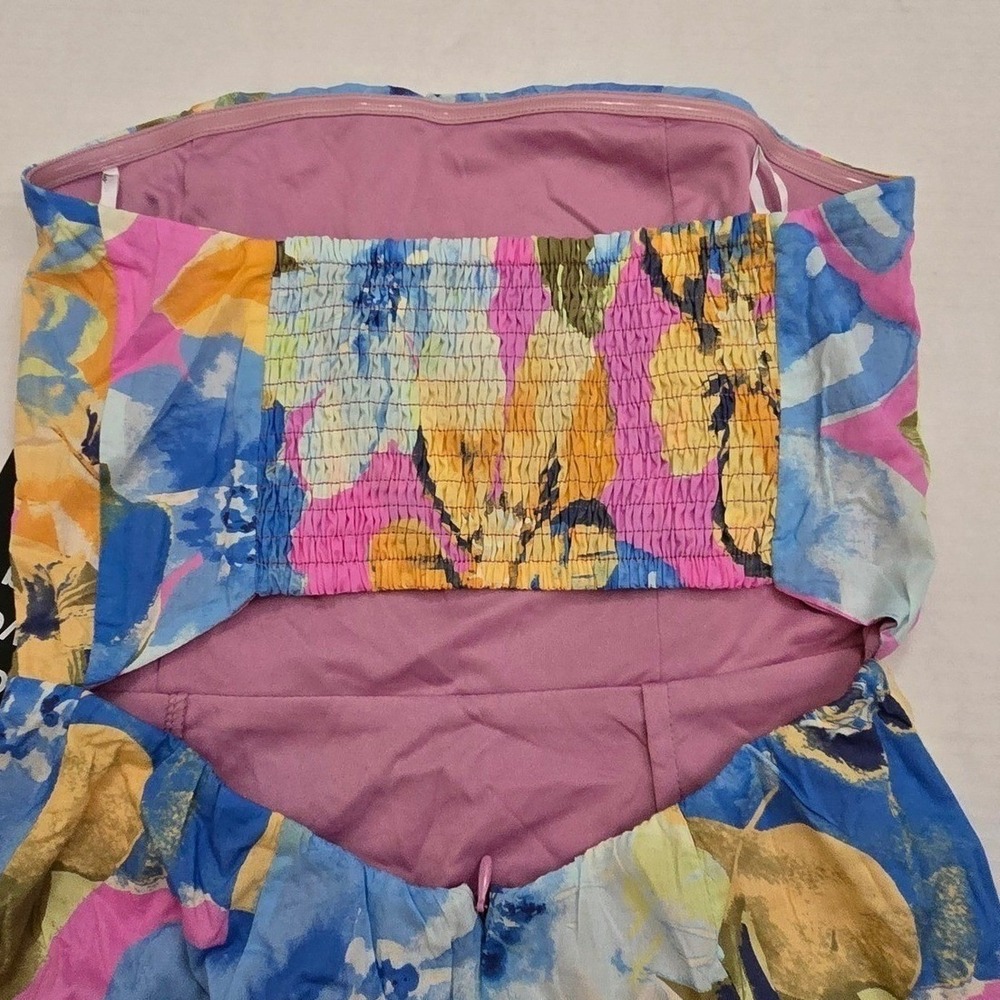 Lulus Strapless Floral Maxi Dress Pink Blue Smocked Back Cutout Slit S NWT - Picture 7 of 11